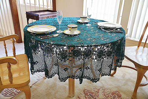 Festive Crochet 70" x 70" Round tablecloth. Every Green color